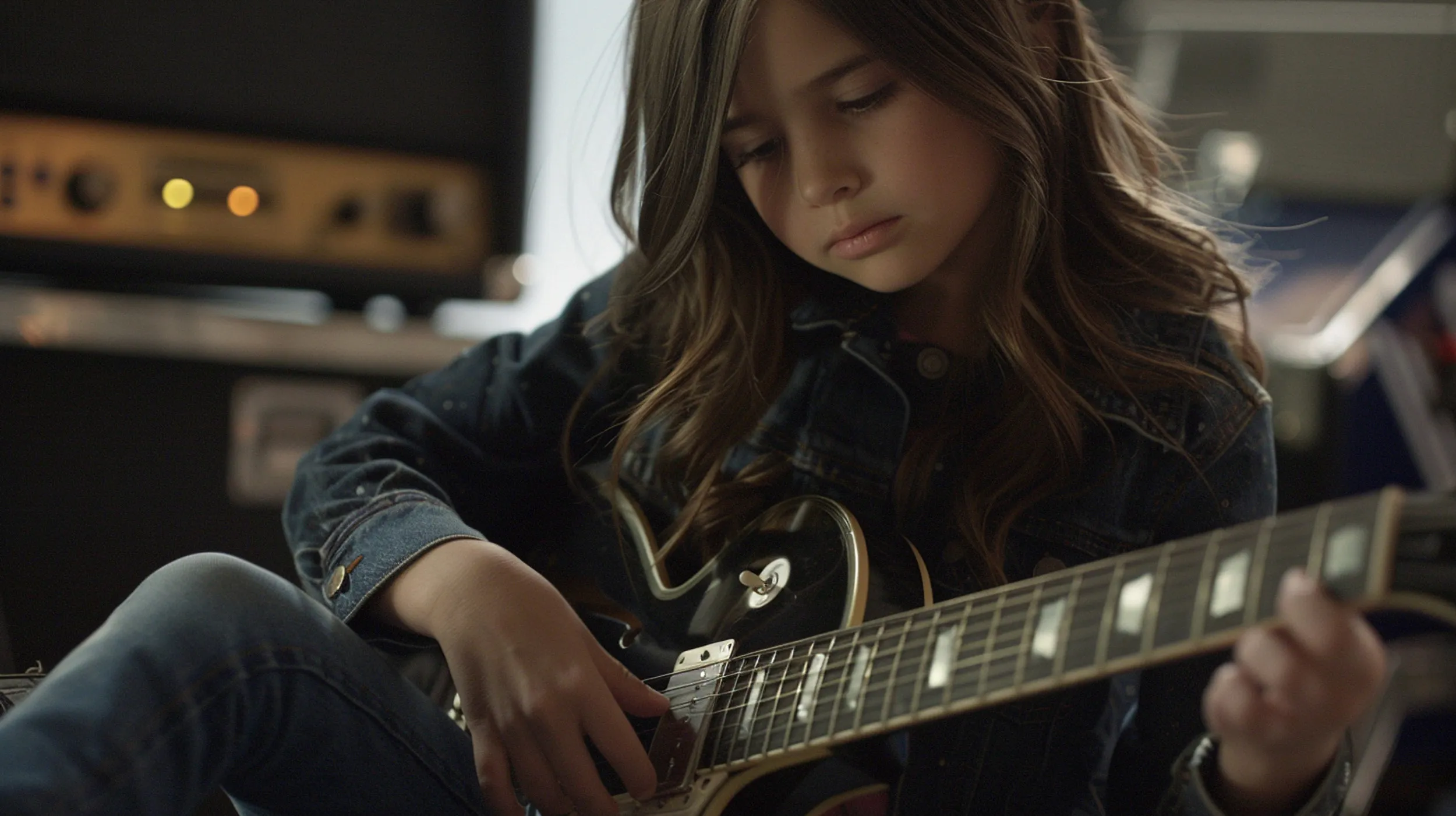 Chica tocando la guitarra . Generado por IA.