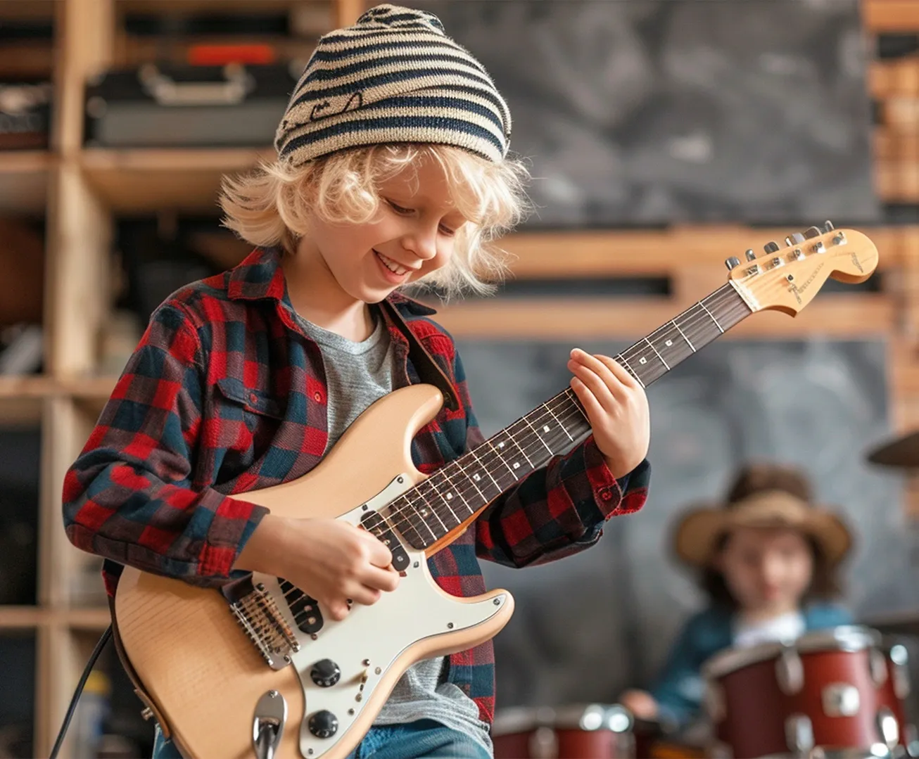 Niños tocando musica. Generado por IA.